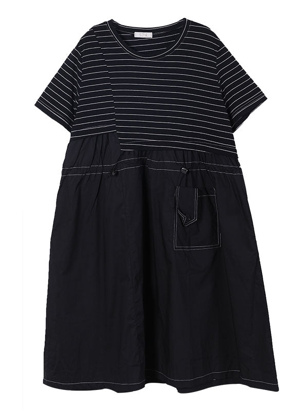 Black O-neck Patchwork Striped Cotton Long Dress Short Sleeve
