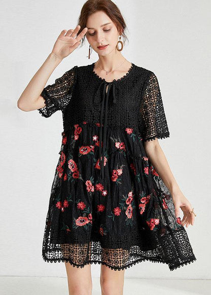Black O-neck Patchwork Summer Lace Holiday Dress