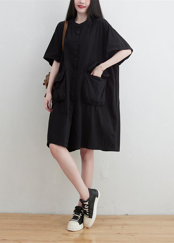 Black O-neck Pockets Button Linen Dresses Short Sleeve