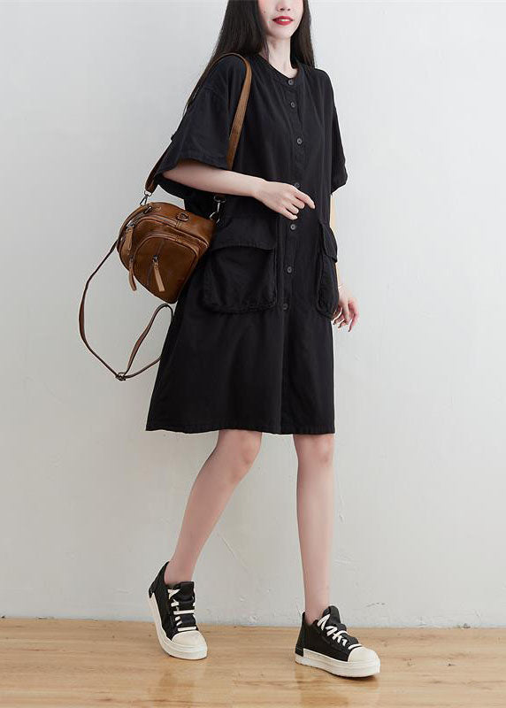 Black O-neck Pockets Button Linen Dresses Short Sleeve