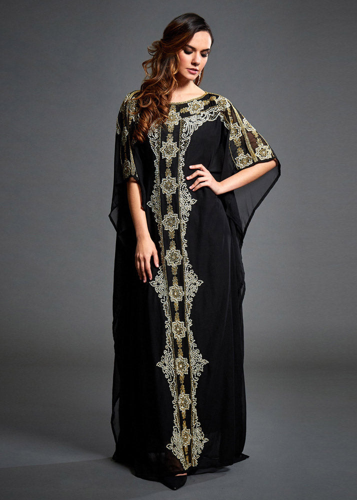 Black O-neck Print Chiffon Maxi Dresses Summer