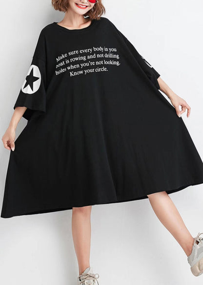 Black O Neck Print Patchwork Cotton Dresses Half Sleeve