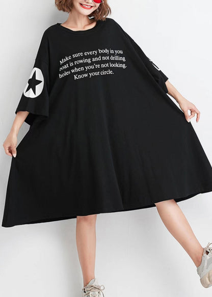 Black O Neck Print Patchwork Cotton Dresses Half Sleeve