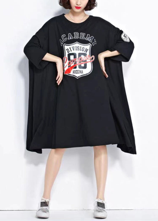 Black O Neck Print Patchwork Cotton Mid Dress Summer