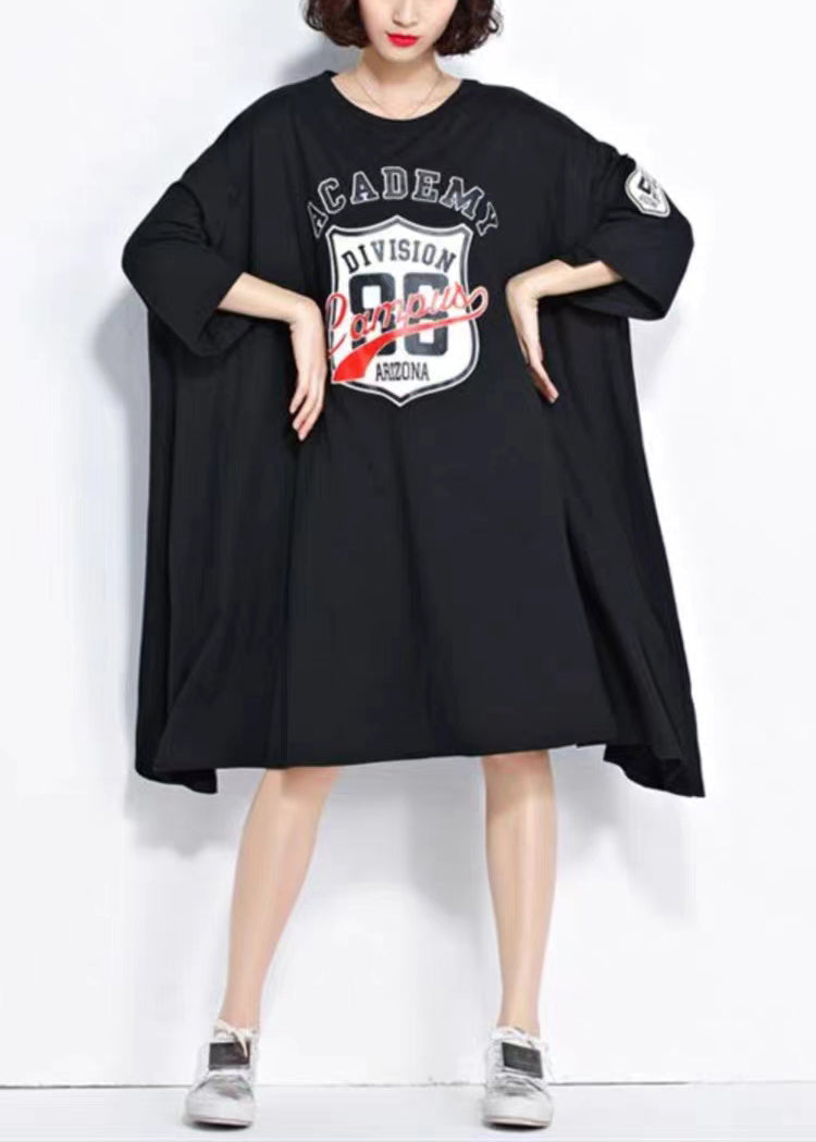 Black O Neck Print Patchwork Cotton Mid Dress Summer