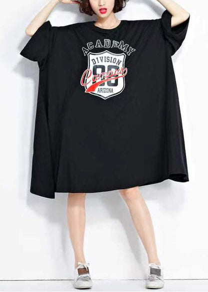 Black O Neck Print Patchwork Cotton Mid Dress Summer