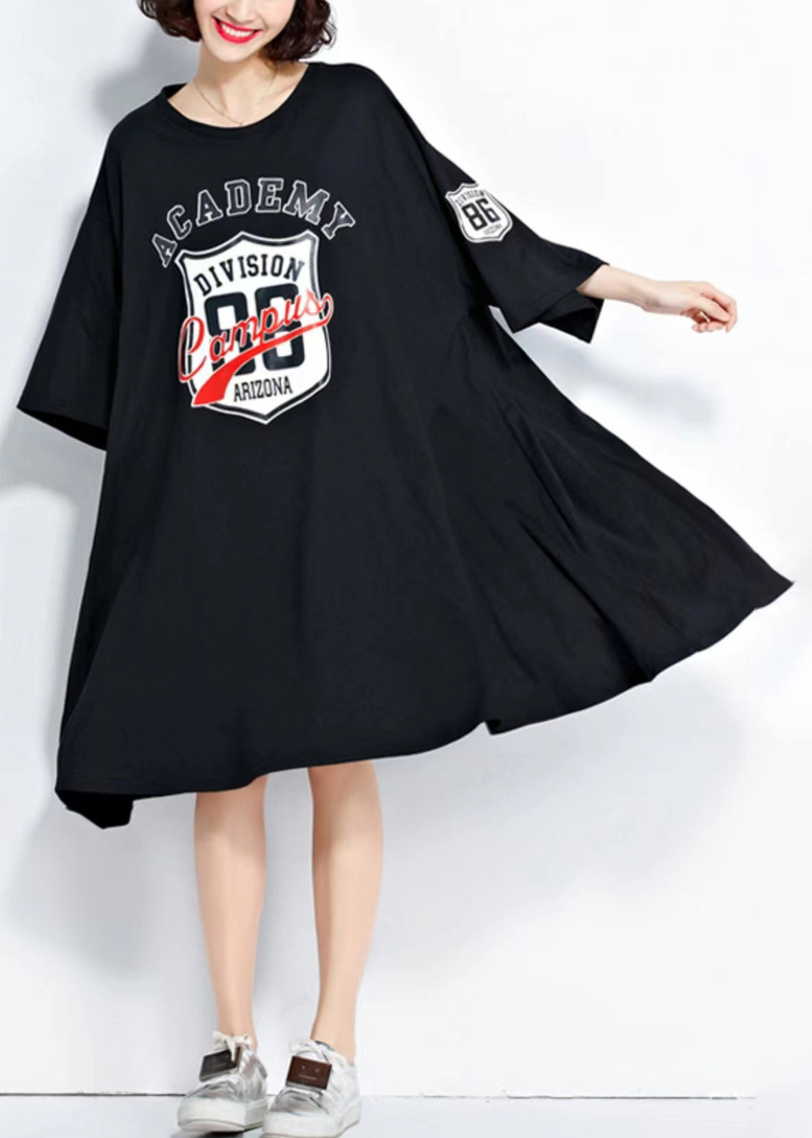 Black O Neck Print Patchwork Cotton Mid Dress Summer