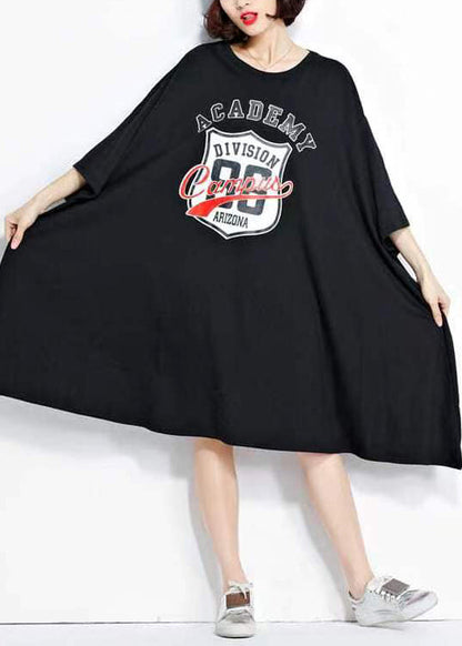 Black O Neck Print Patchwork Cotton Mid Dress Summer