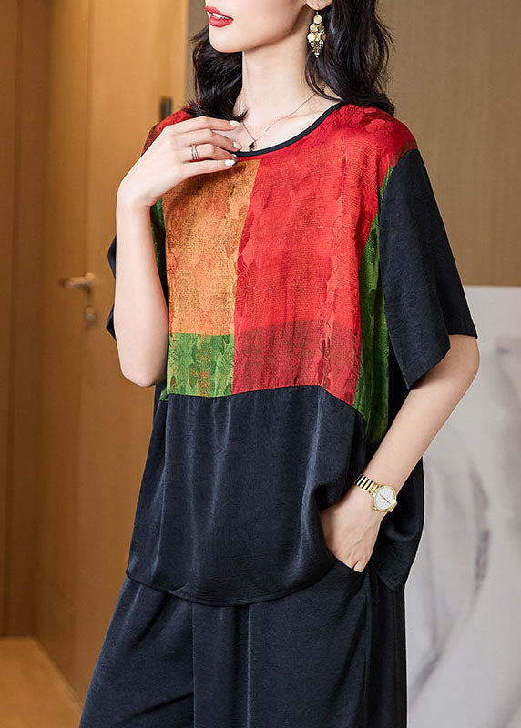 Black O Neck Print Patchwork Silk T Shirt Tops Half Sleeve