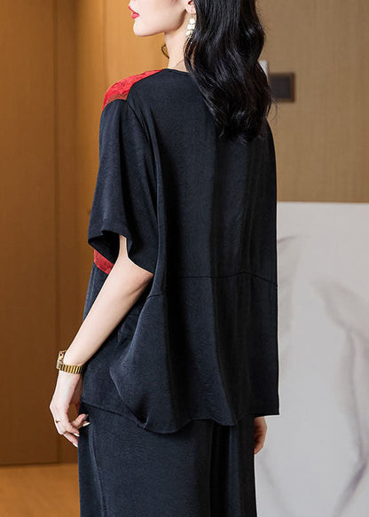 Black O Neck Print Patchwork Silk T Shirt Tops Half Sleeve