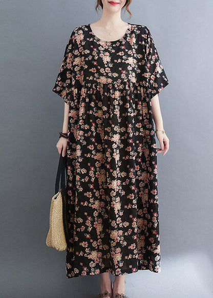 Black O-neck Print Pockets Extra Large Hem Long Dress Summer