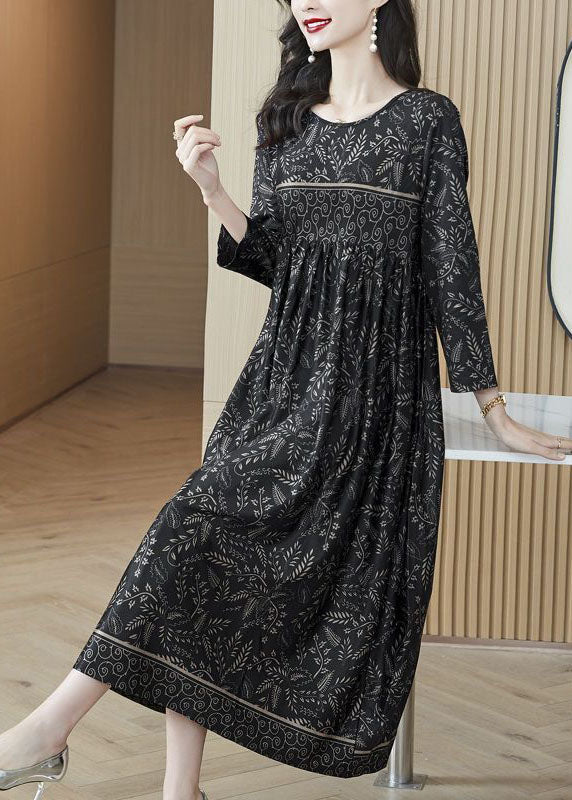 Black O-neck Print Silk Robe Dresses Spring