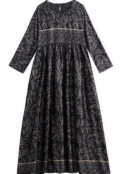 Black O-neck Print Silk Robe Dresses Spring