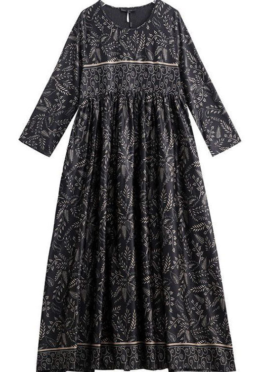 Black O-neck Print Silk Robe Dresses Spring