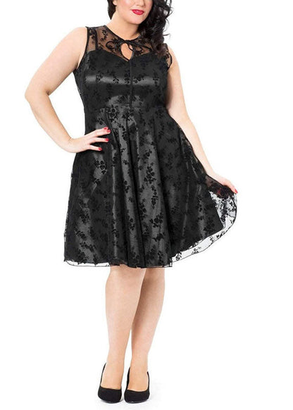 Black O-neck Print Tulle Patchwork Mid Dresses Summer