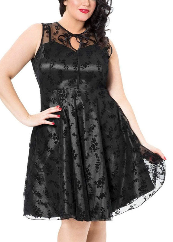 Black O-neck Print Tulle Patchwork Mid Dresses Summer