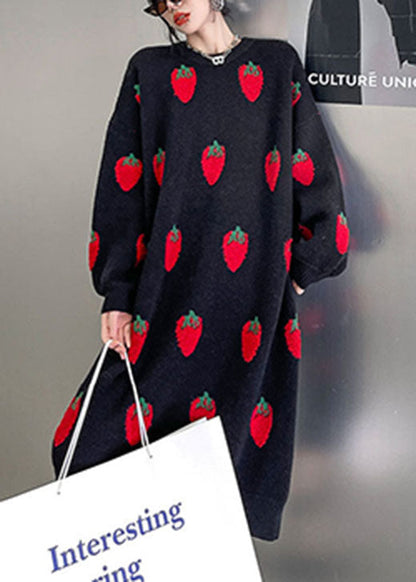 Black O-neck Print Cozy Winter Knit Dress