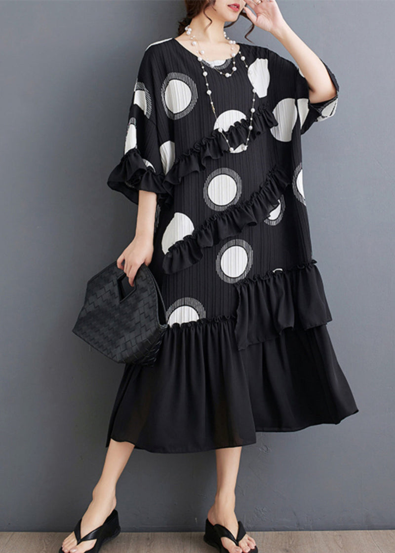 Black O Neck Ruffled Patchwork Chiffon Dress Summer