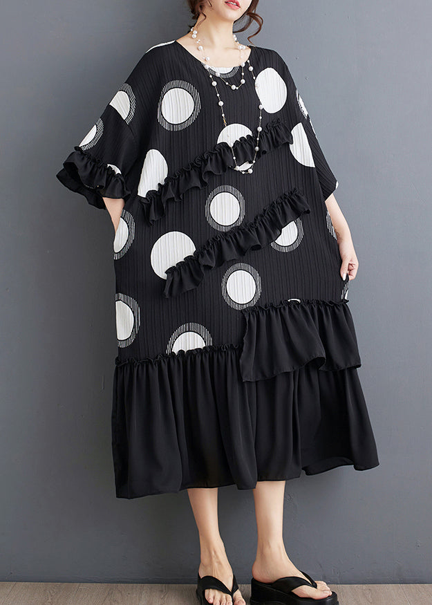 Black O Neck Ruffled Patchwork Chiffon Dress Summer
