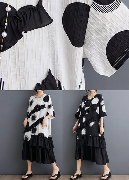 Black O Neck Ruffled Patchwork Chiffon Dress Summer