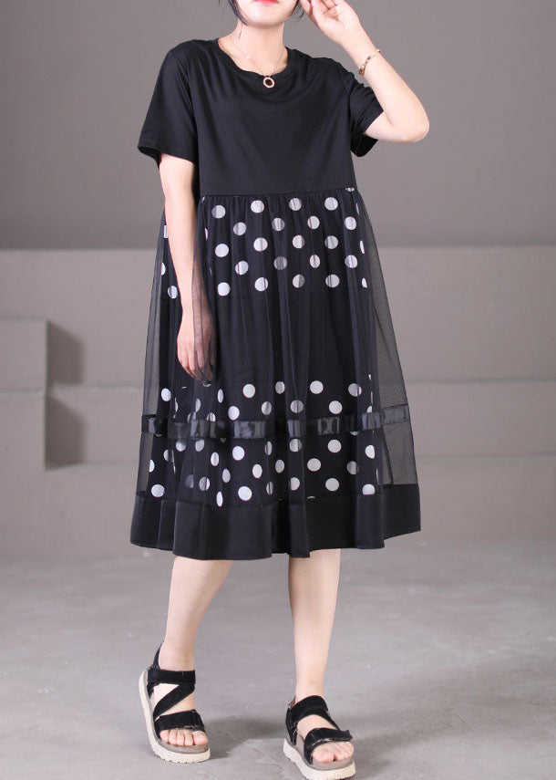 Black O-neck Tulle Patchwork Dot Print Cotton Maxi Dress Short Sleeve