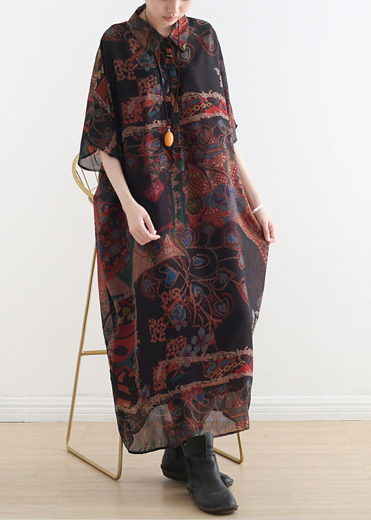 Black Orange Peter Pan Collar Draping Print Chiffon Dresses Batwing Sleeve