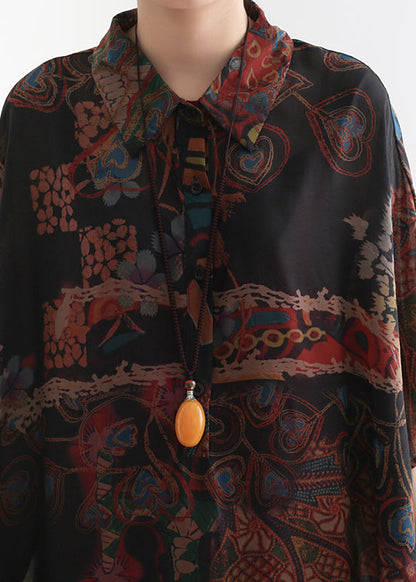 Black Orange Peter Pan Collar Draping Print Chiffon Dresses Batwing Sleeve