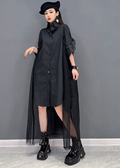 Black Original Design Peter Pan Collar Tulle Patchwork Cotton Shirt Dresses Long Sleeve