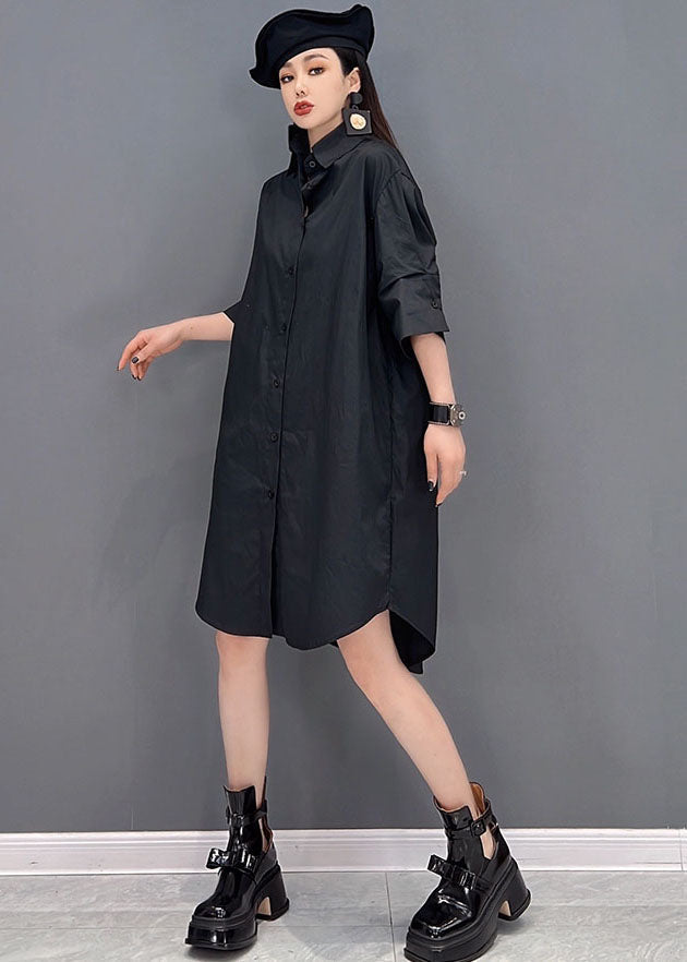 Black Original Design Peter Pan Collar Tulle Patchwork Cotton Shirt Dresses Long Sleeve