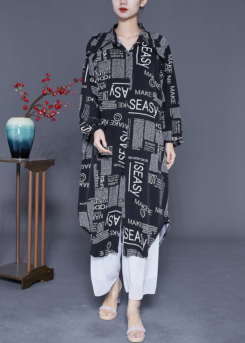 Black Oversized Letter Print Chiffon Shirt Dresses Summer