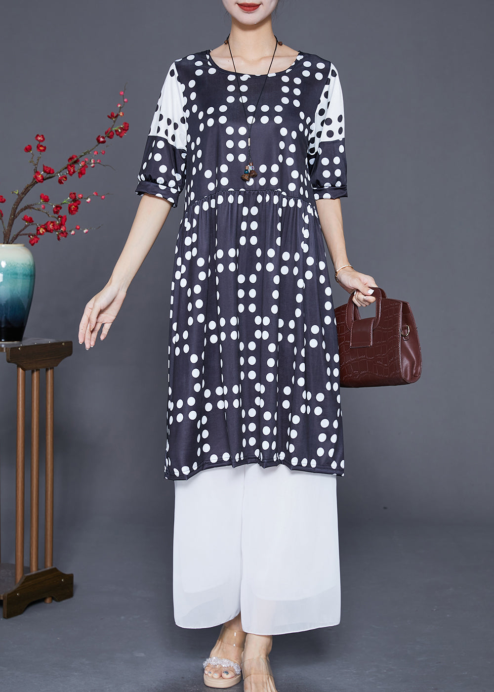 Black Oversized Patchwork Dot Chiffon Dresses Summer