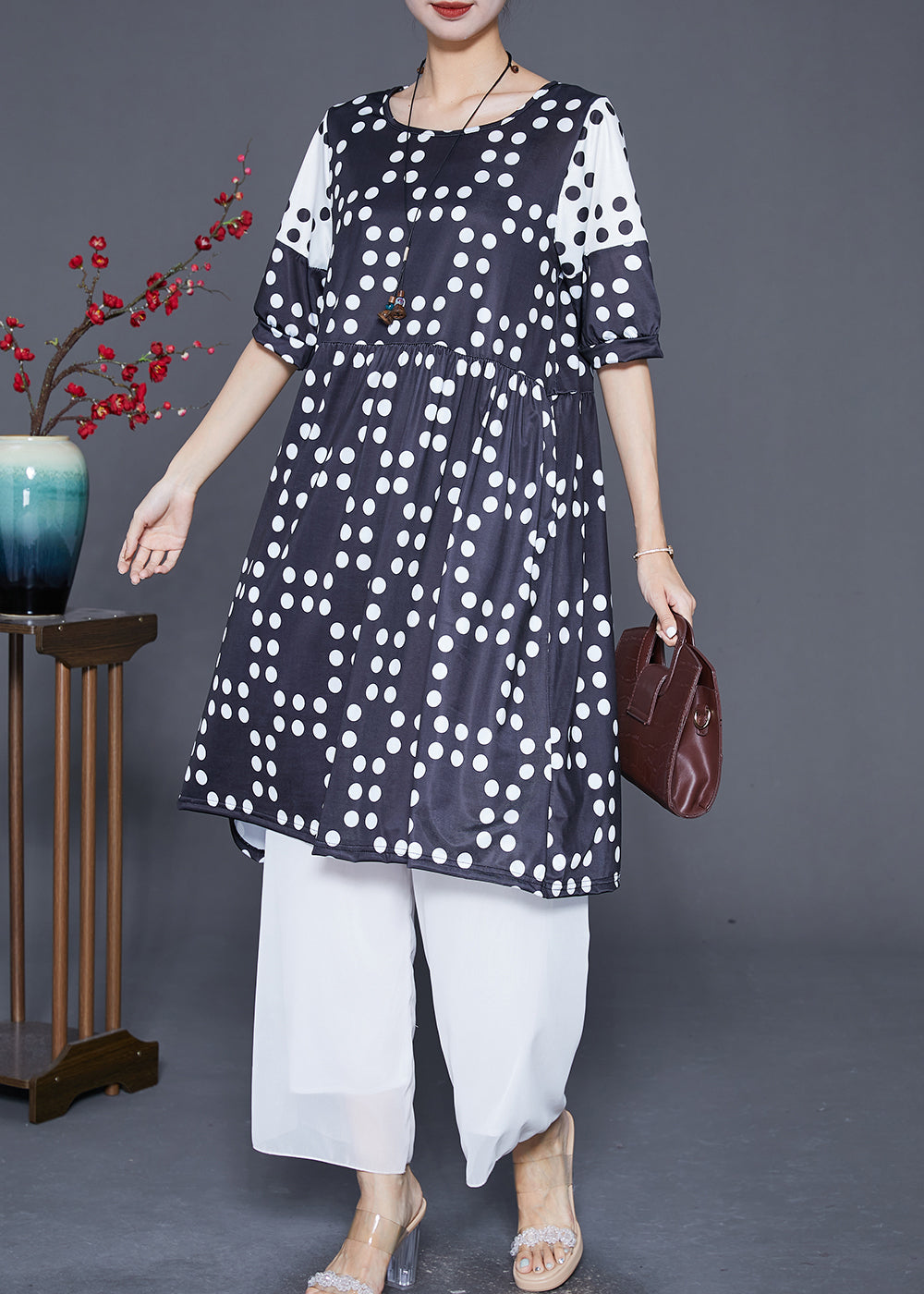 Black Oversized Patchwork Dot Chiffon Dresses Summer