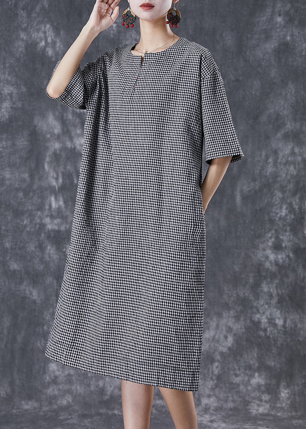 Black Oversized Plaid Cotton Maxi Dresses Summer