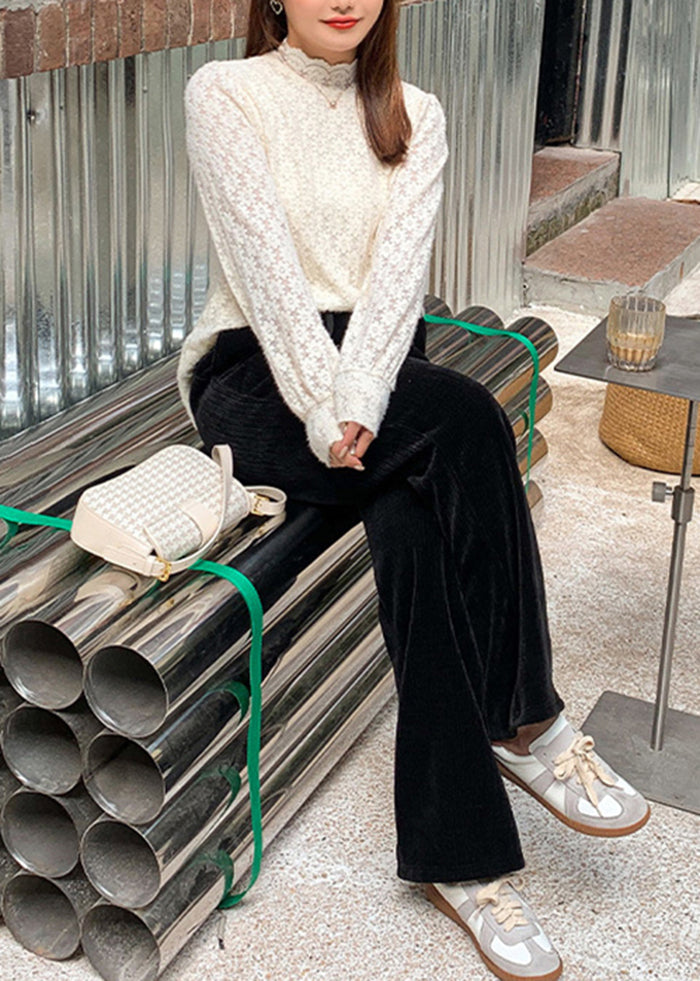 Black Oversized Pockets Warm Fleece Corduroy Pants Winter