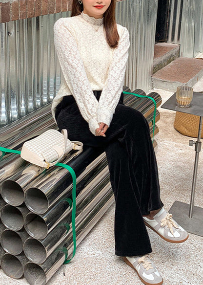 Black Oversized Pockets Warm Fleece Corduroy Pants Winter