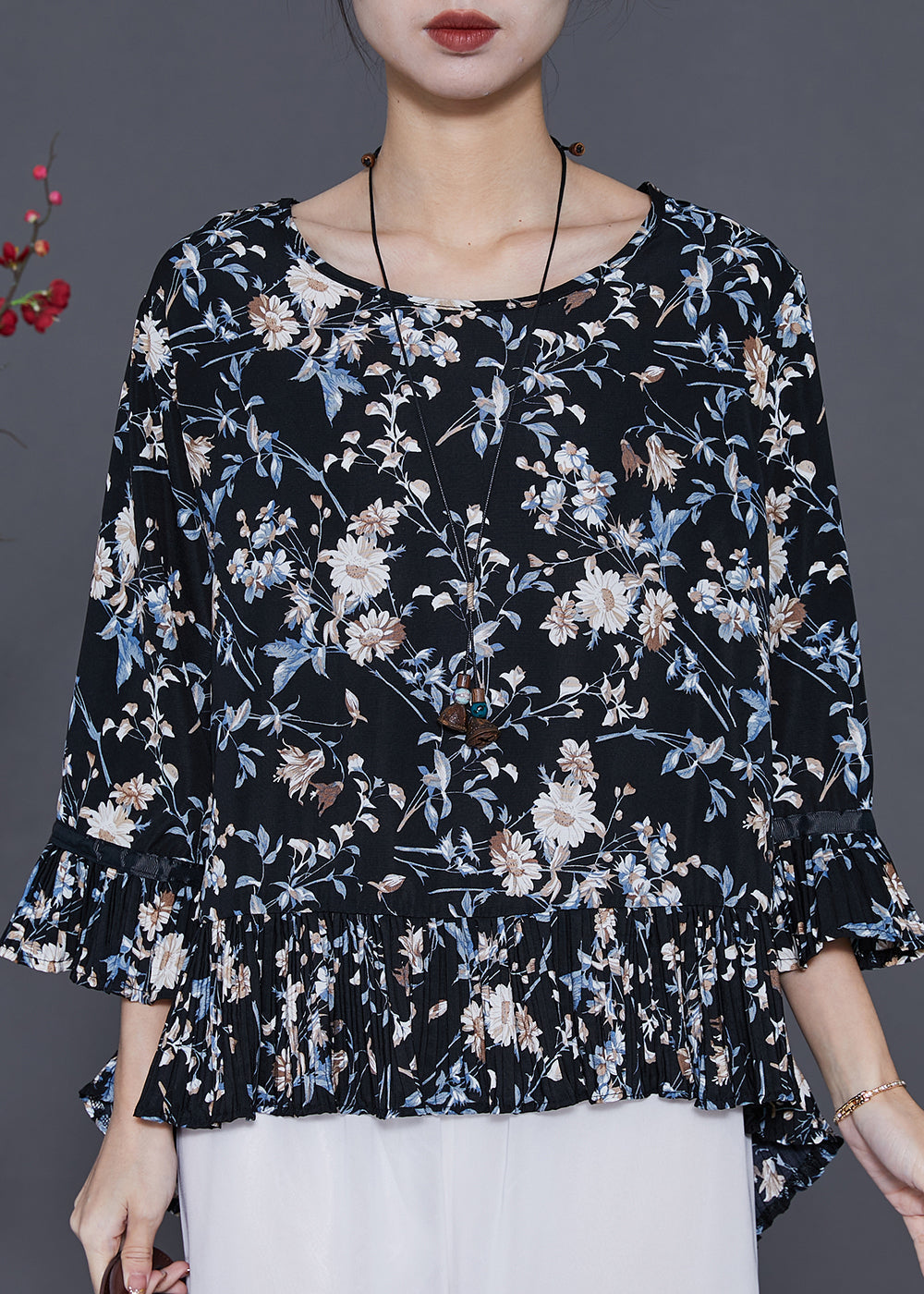 Black Oversized Print Chiffon Blouses Summer
