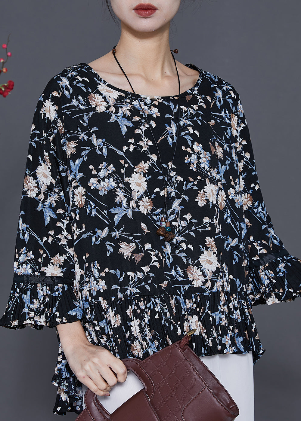 Black Oversized Print Chiffon Blouses Summer