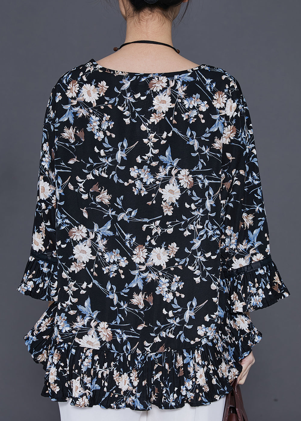 Black Oversized Print Chiffon Blouses Summer