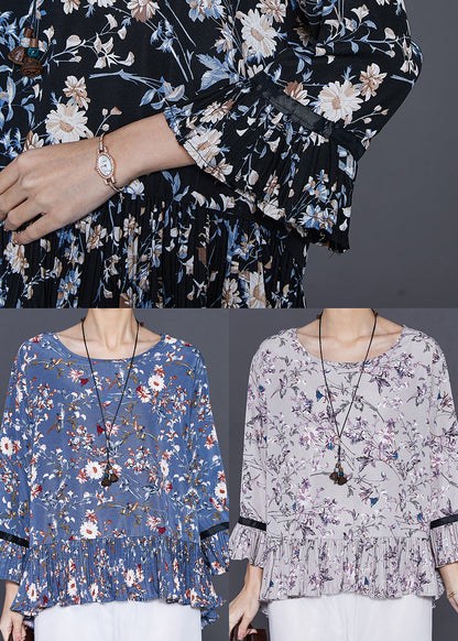 Black Oversized Print Chiffon Blouses Summer