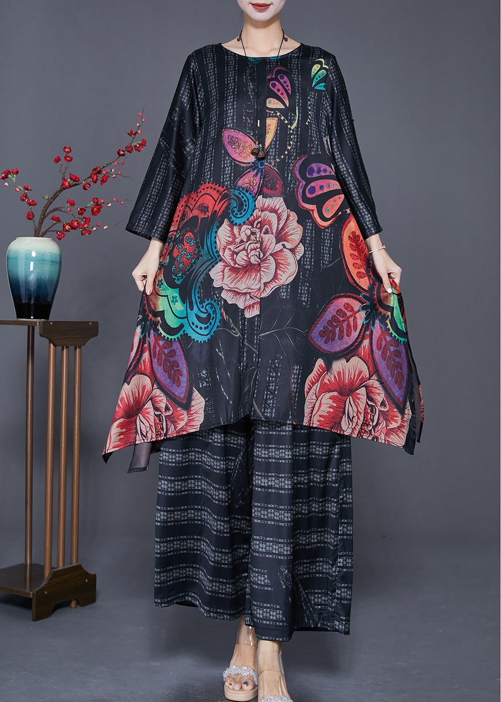Black Oversized Print Side Open Silk Two Pieces Set Summer