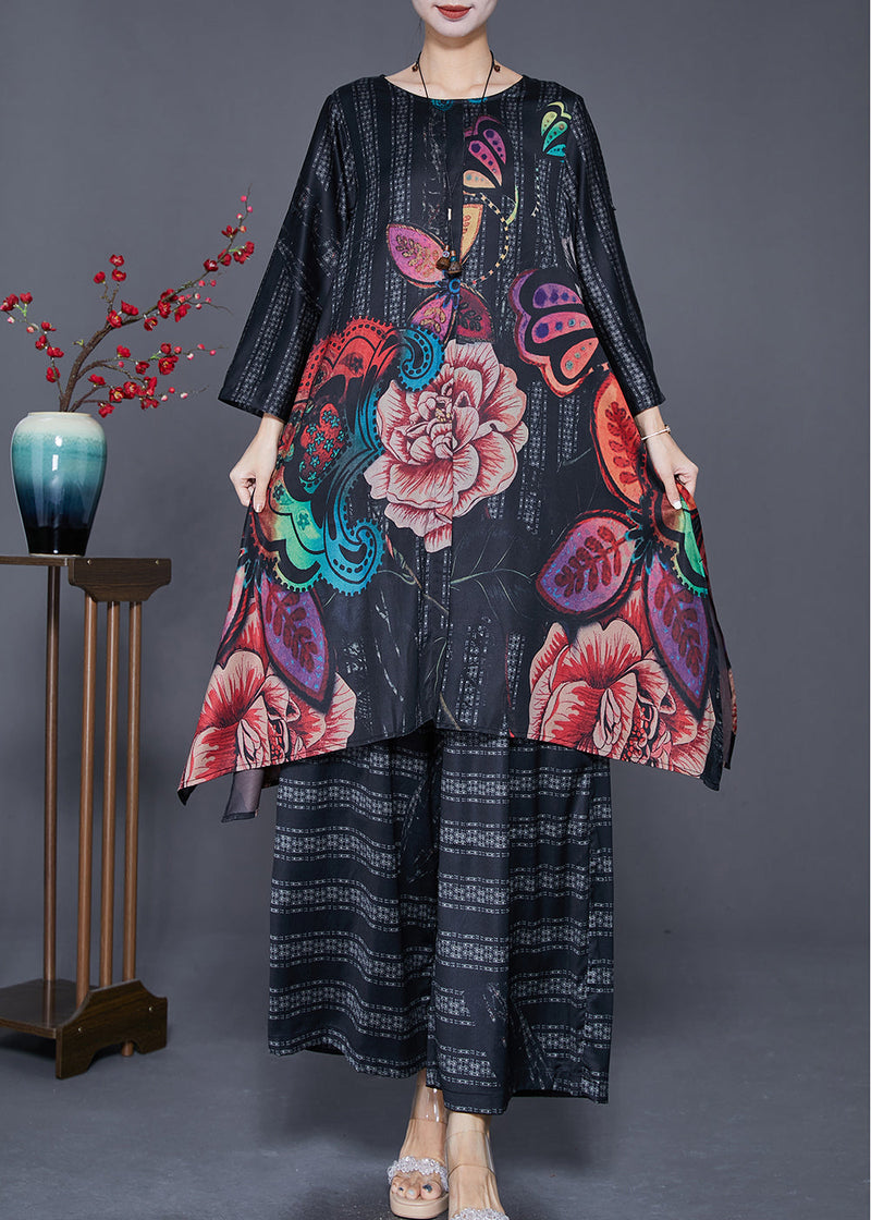Black Oversized Print Side Open Silk Two Pieces Set Summer