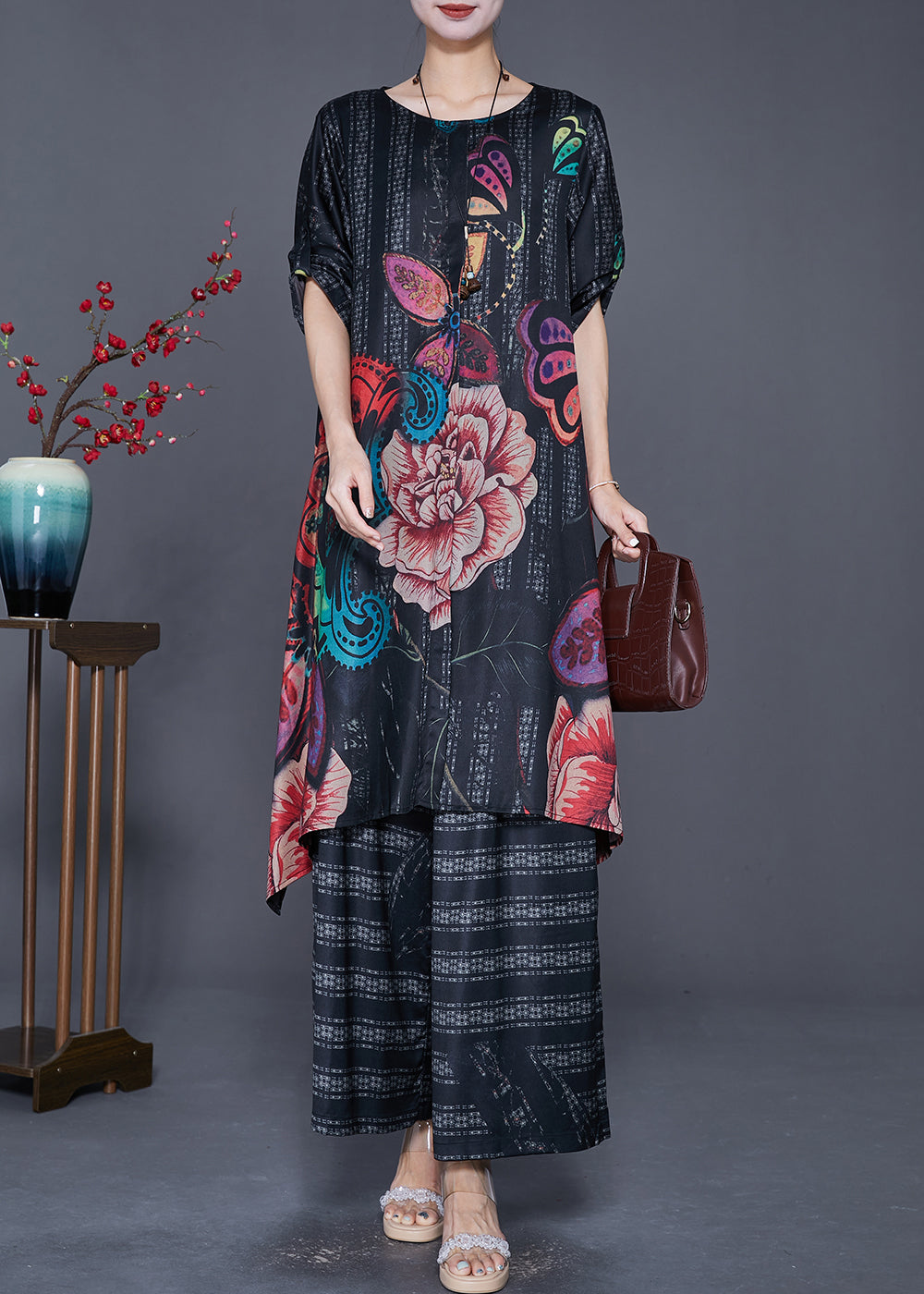 Black Oversized Print Side Open Silk Two Pieces Set Summer