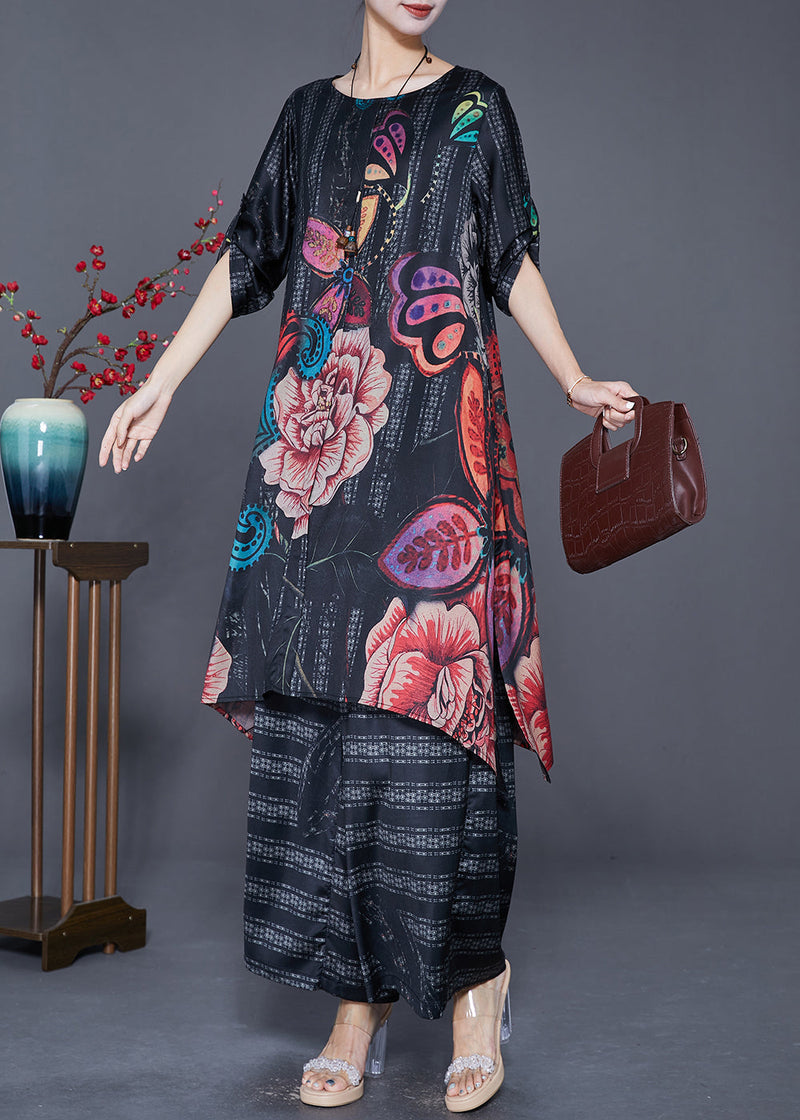 Black Oversized Print Side Open Silk Two Pieces Set Summer