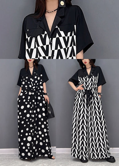 Black Peter Pan Collar Dot Print Draping Chiffon Jumpsuits Short Sleeve
