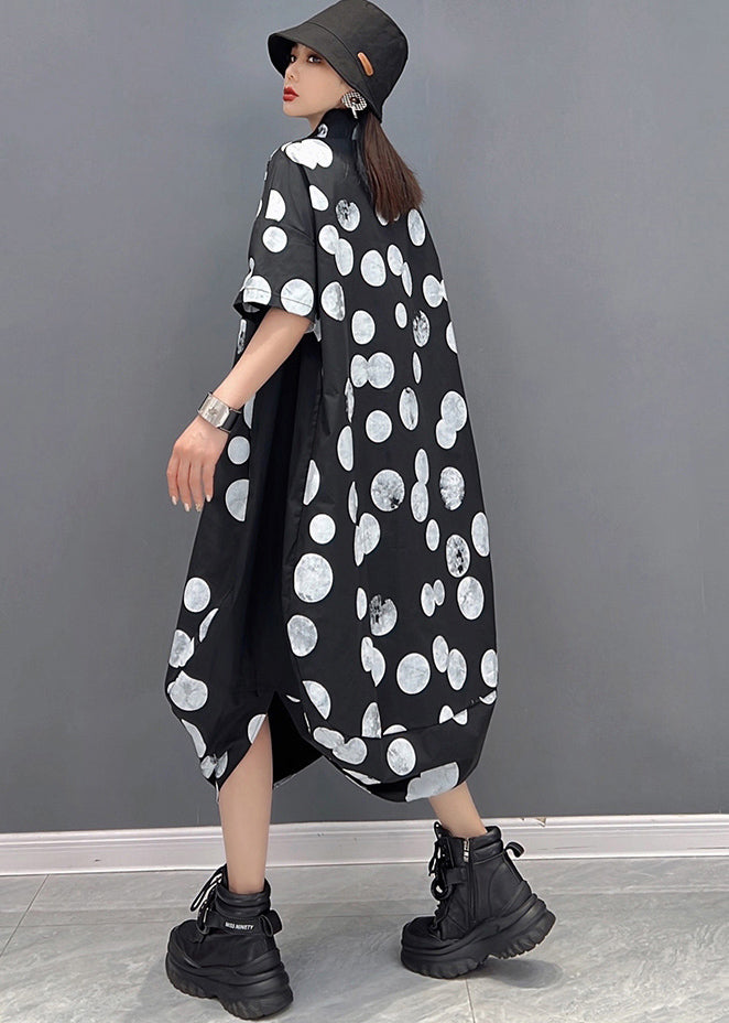 Black Peter Pan Collar Dot Print Vogue Shirt Dress Short Sleeve
