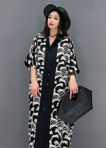 Black Peter Pan Collar Print Button Cotton Shirt Dress Short Sleeve