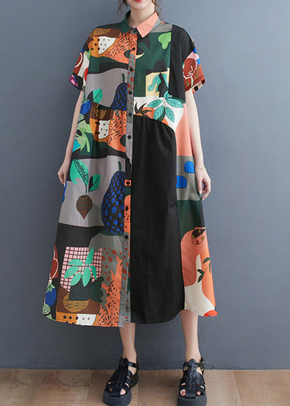 Black Peter Pan Collar Print Button Party Long Shirts Dress Short Sleeve
