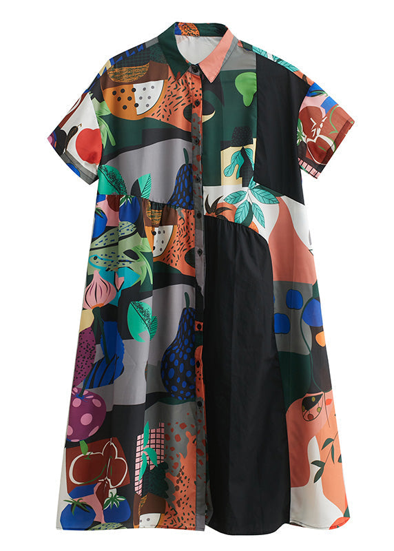 Black Peter Pan Collar Print Button Party Long Shirts Dress Short Sleeve