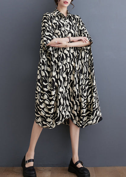 Black Peter Pan Collar Print Cotton Shirts Dress Batwing Sleeve