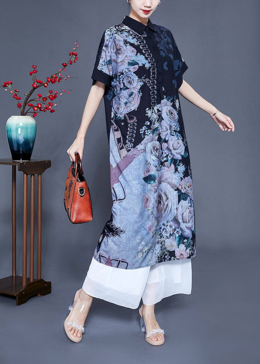 Black Peter Pan Collar Print Draping Silk Shirt Dress Summer